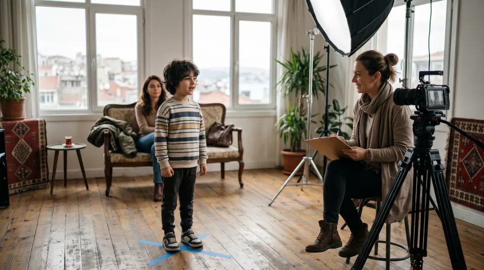 Film stüdyosunda bir çocuğun seçme çekimini izleyen cast yönetmeni ve bekleyen veli